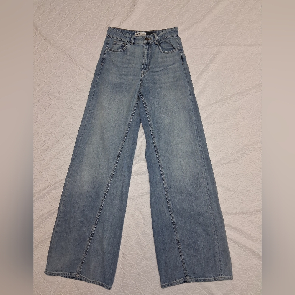Zara Light Blue Wide Leg Flare Jeans